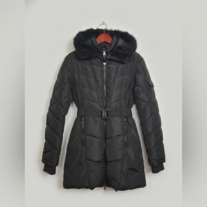 Nicole Miller Studio Black Longline Puffer Parka   belted with Hood Size L